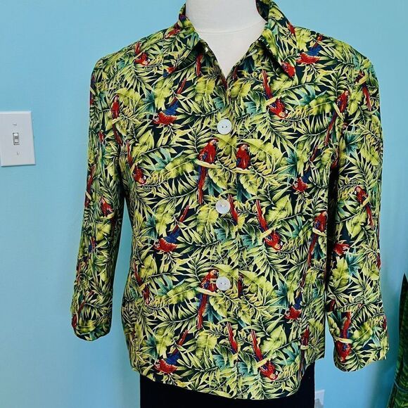 Vintage harvé benard 10 Green Red Floral Parrot 100% Silk Lined Blazer Jacket - Picture 1 of 11